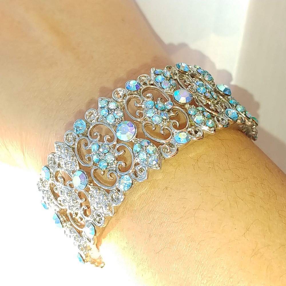 Filagree Aqua blue silver tone bangle cuff bracelet NWT